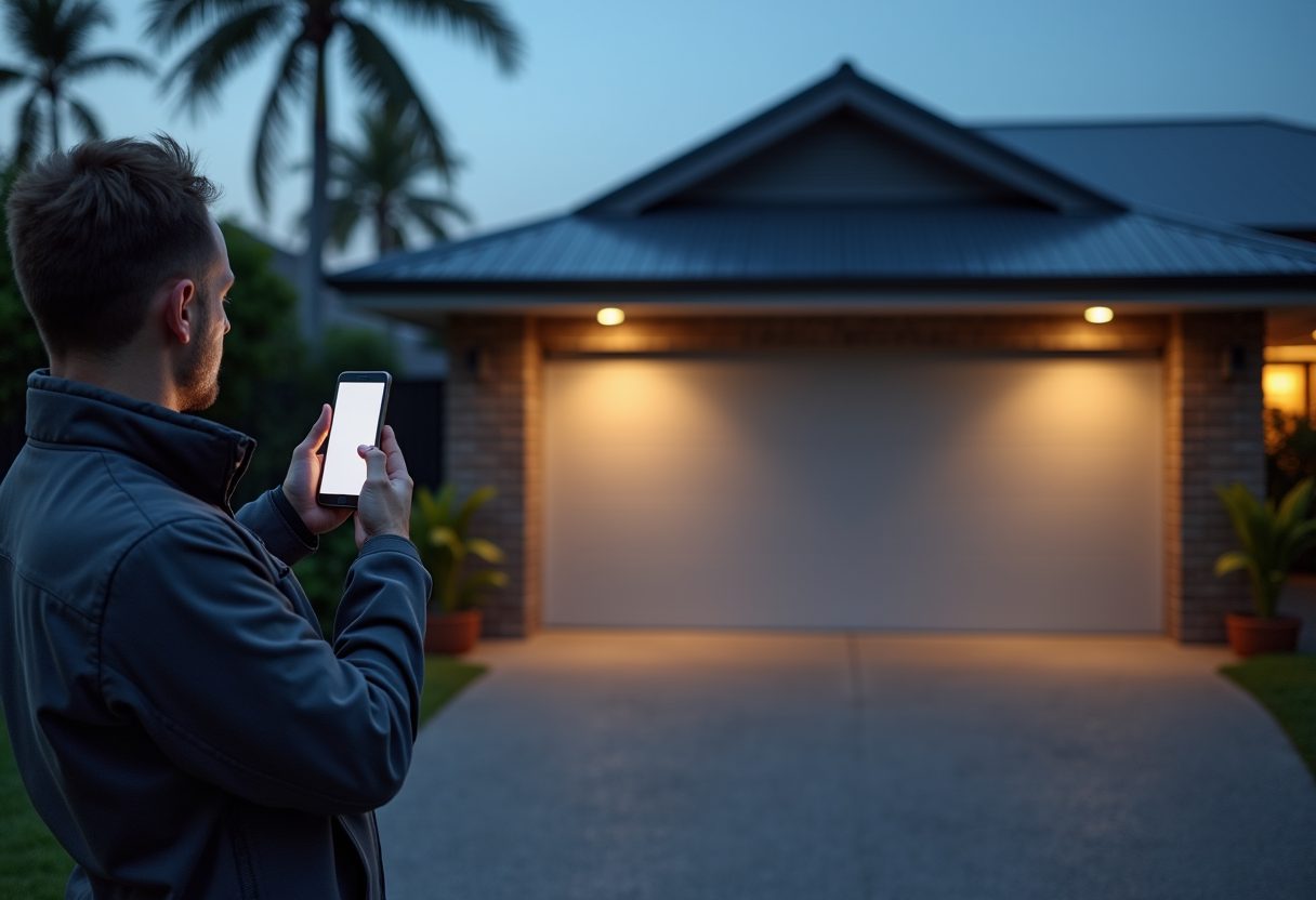 Smart garage door opener installation at dusk — Helensvale